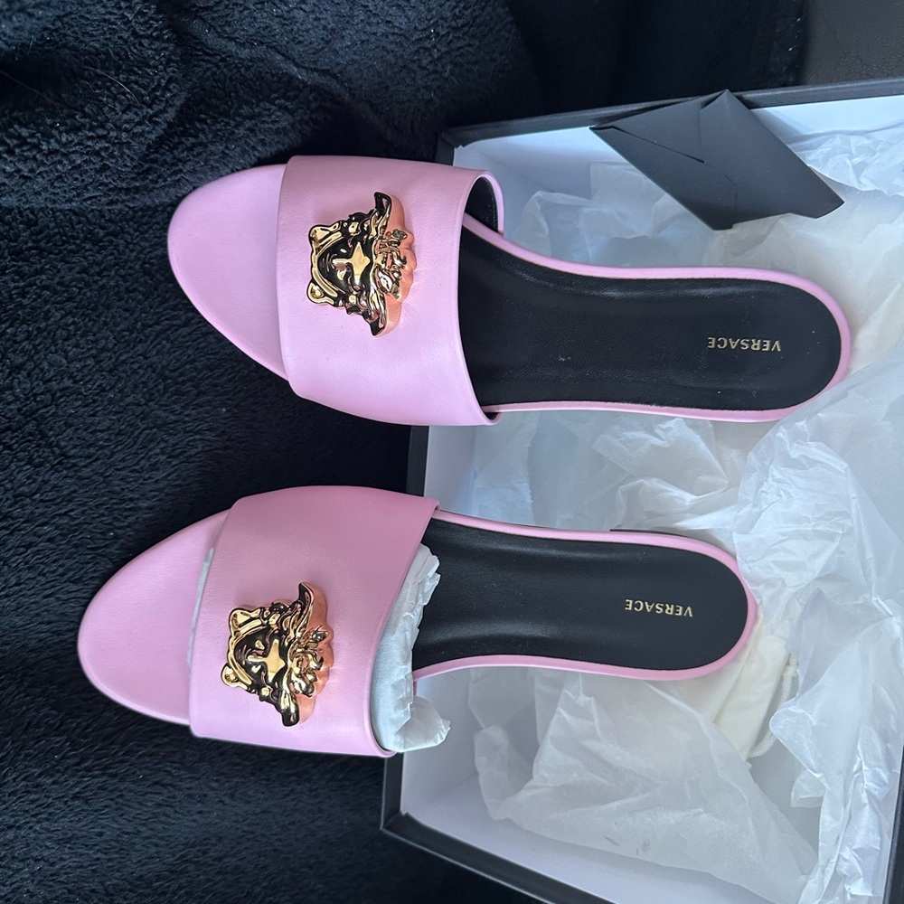Versace Pink and Gold Medusa Slide Sandals
